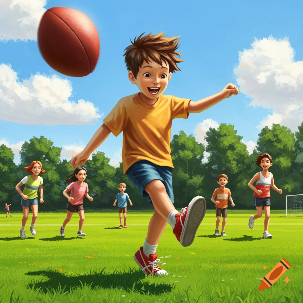 Illustrated children playing football on a sunny grassy field.