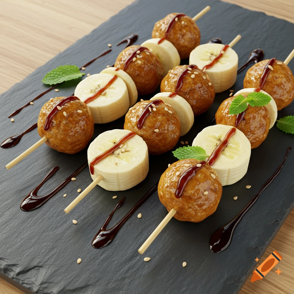 Several skewers with meatballs and sliced bananas, drizzled with chocolate sauce and sprinkled with sesame seeds, on a dark slate board.
