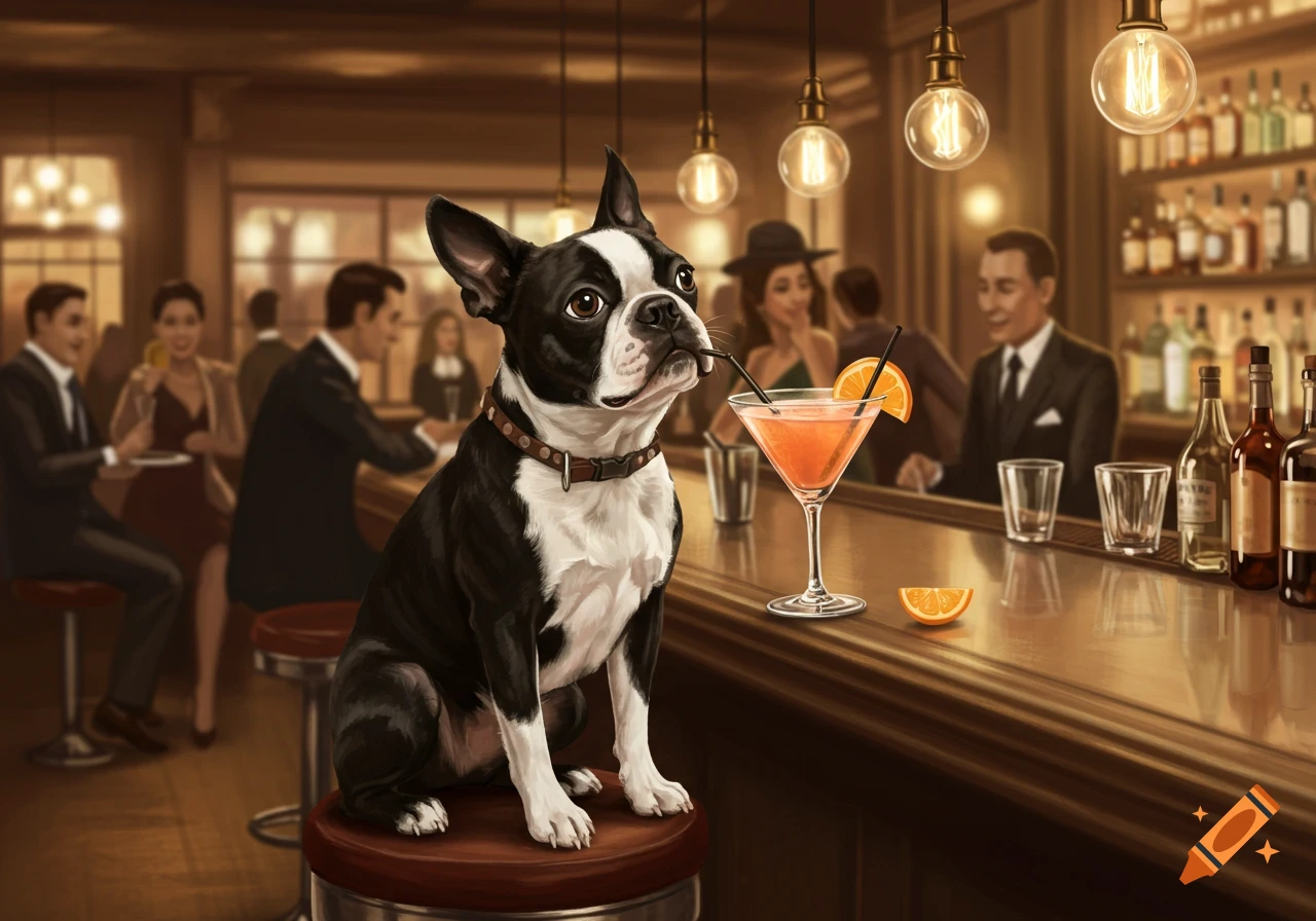 Illustration of a Boston Terrier sitting on a bar stool with a cocktail, in a warmly lit bar with blurred background patrons.