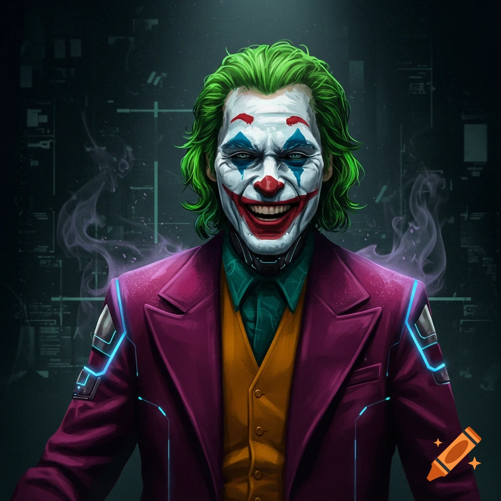 Stylized portrait of the Joker with green hair, clown makeup, purple suit with glowing blue accents, against a dark tech background.