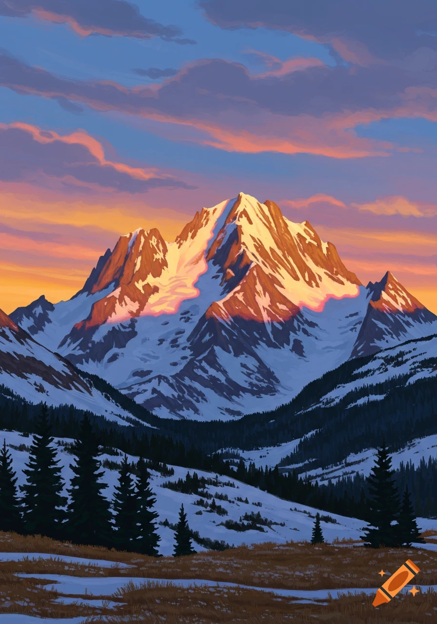 Stylized painting of a snow-capped mountain at sunset, with golden light on its peak and colorful clouds, towering over a forested, snowy valley.