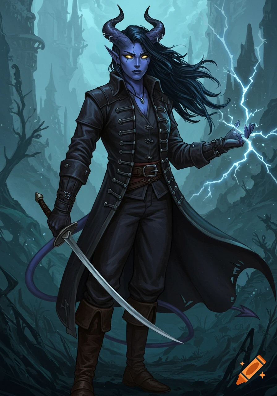 A blue-skinned female tiefling sorcerer with horns and a dark coat wields a sword and lightning magic in a gothic fantasy landscape.