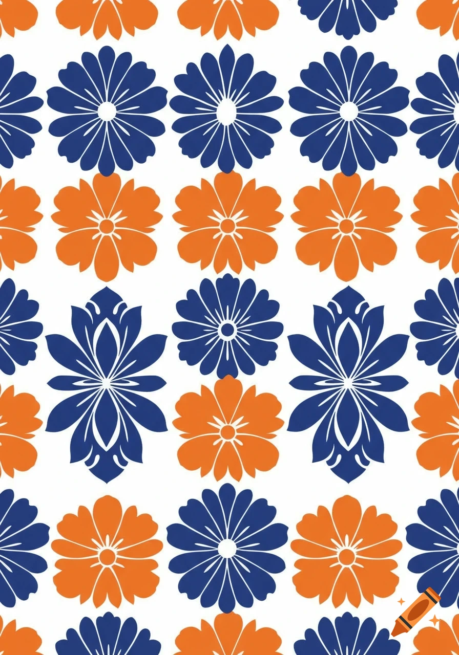 A seamless repeating pattern of stylized blue and orange stencil flowers on a white background.