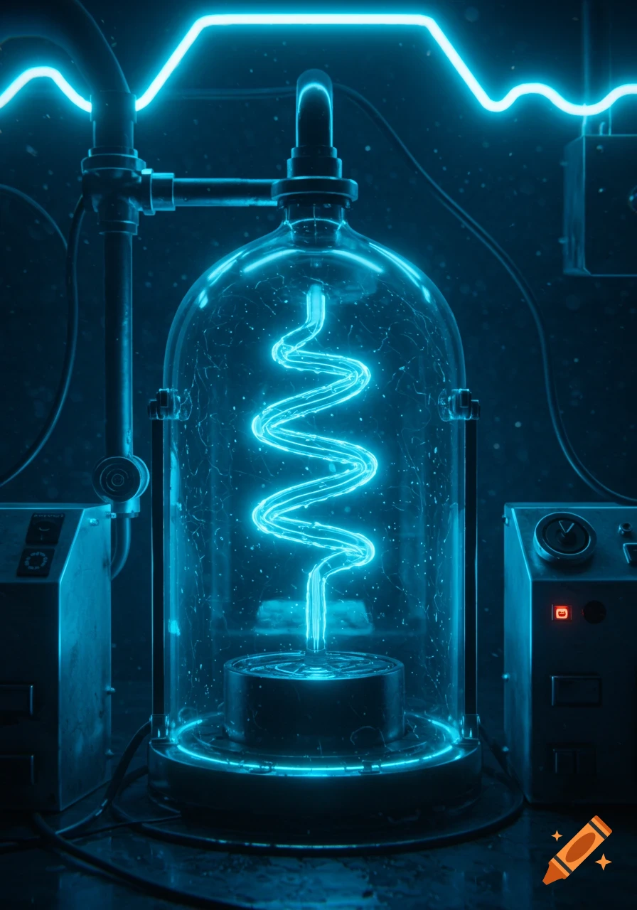 A neon blue helical light glows brightly inside a glass bell jar on a dark table, flanked by scientific control panels.