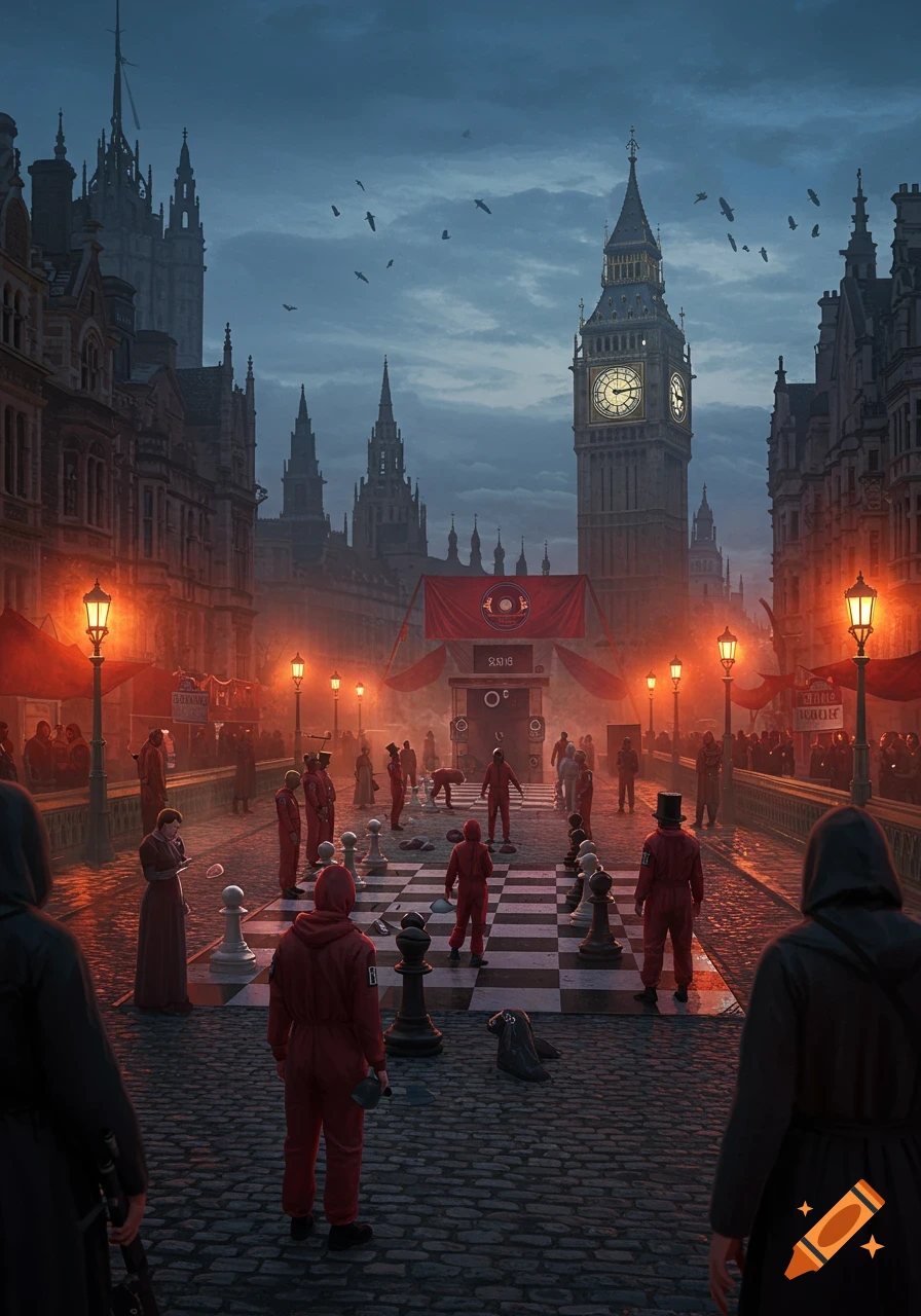 A dark, atmospheric scene resembling a twisted game of chess on a street in London, with Big Ben in the background. Figures in red jumpsuits and dark cloaks stand around a large chessboard in the middle of a cobblestone street, surrounded by old buildings and glowing streetlights under a cloudy sky.