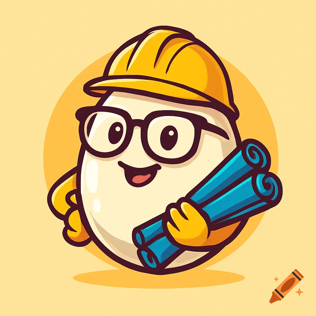 Cartoon logo of an engineer egg wearing glasses and a hard hat, holding blue rolled-up blueprints.