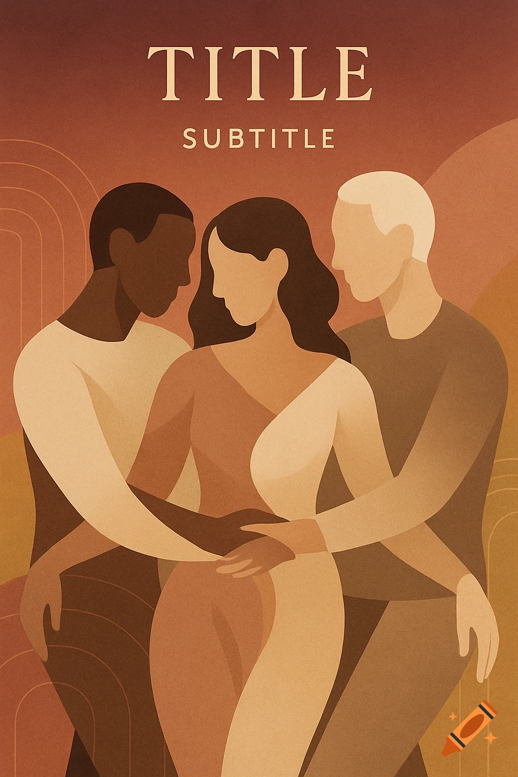 Modern book cover illustration with three abstract figures, two men and one woman, in a close embrace, rendered in warm, neutral tones. Text reads 'TITLE' and 'SUBTITLE'.