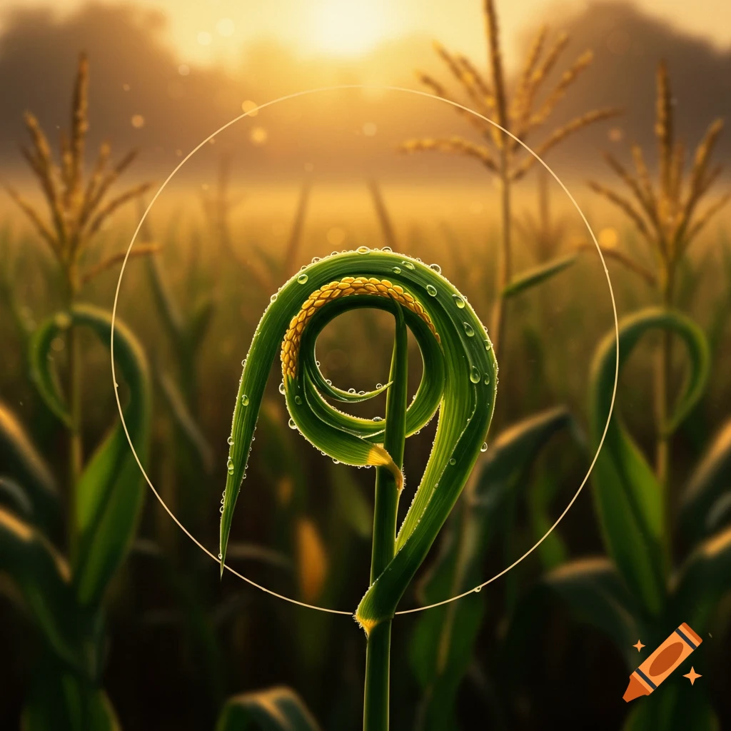 Close-up of a vibrant green corn stalk with dew drops, curled into a circle, in a sunlit cornfield.