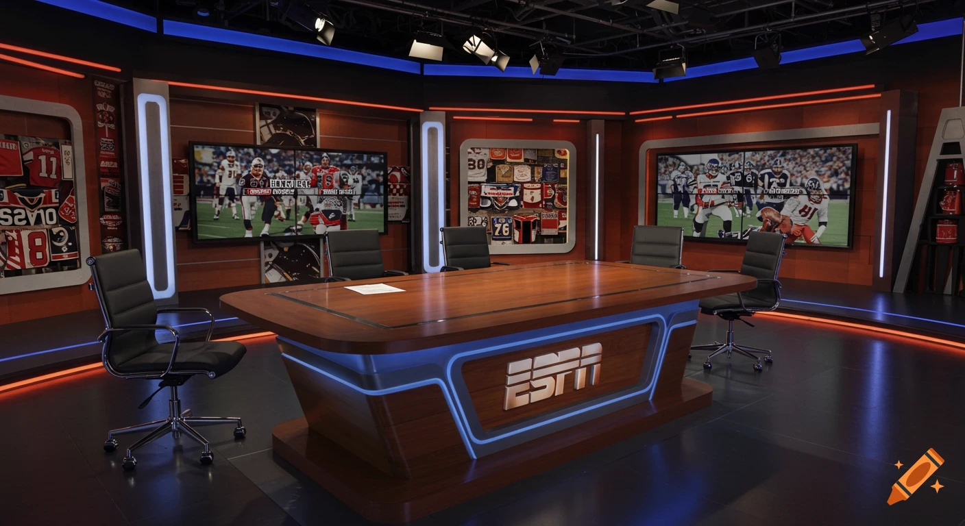 An empty, modern ESPN sports talk show studio with a large wooden desk, black chairs, and multiple screens displaying football games.