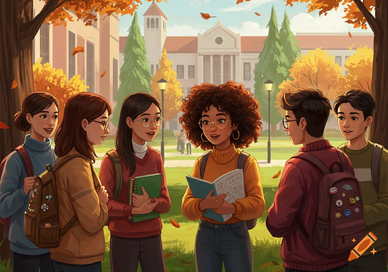 Illustrated group of diverse students chatting on a college campus in autumn, holding books and wearing backpacks.