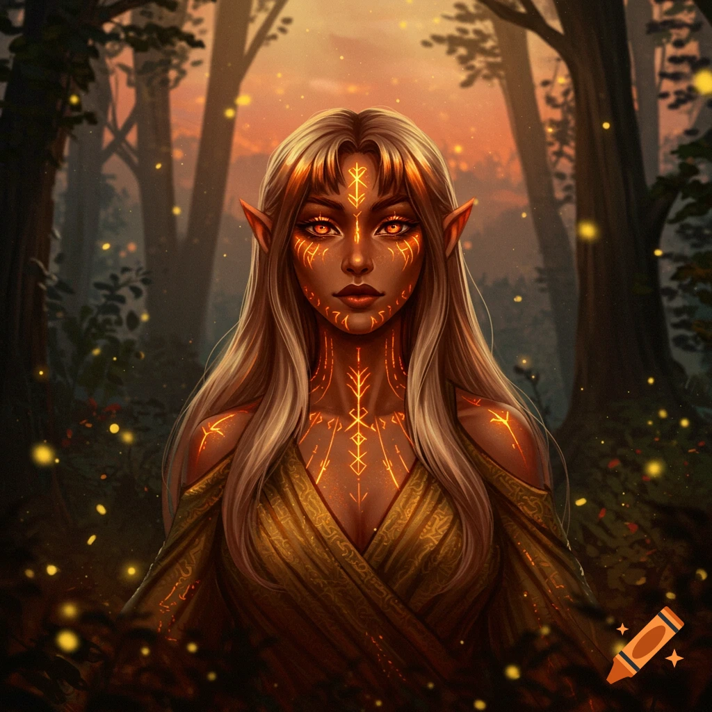 A fantasy woman with long light hair, pointed ears, and glowing orange runes on her skin, standing in a magical forest at sunset.