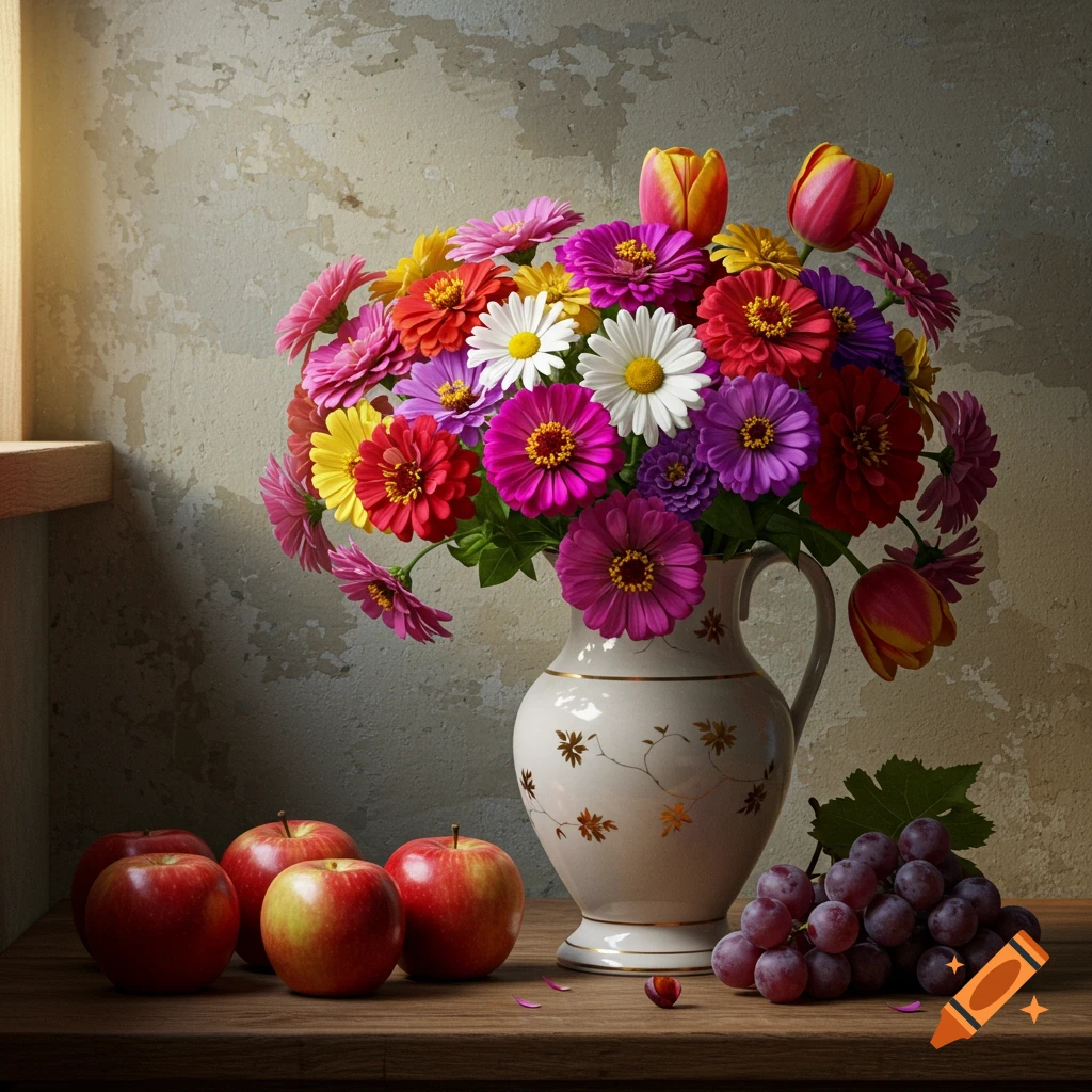 A vibrant still life featuring a large bouquet of colorful flowers in a white pitcher vase, red apples, and purple grapes on a wooden table with dappled light.