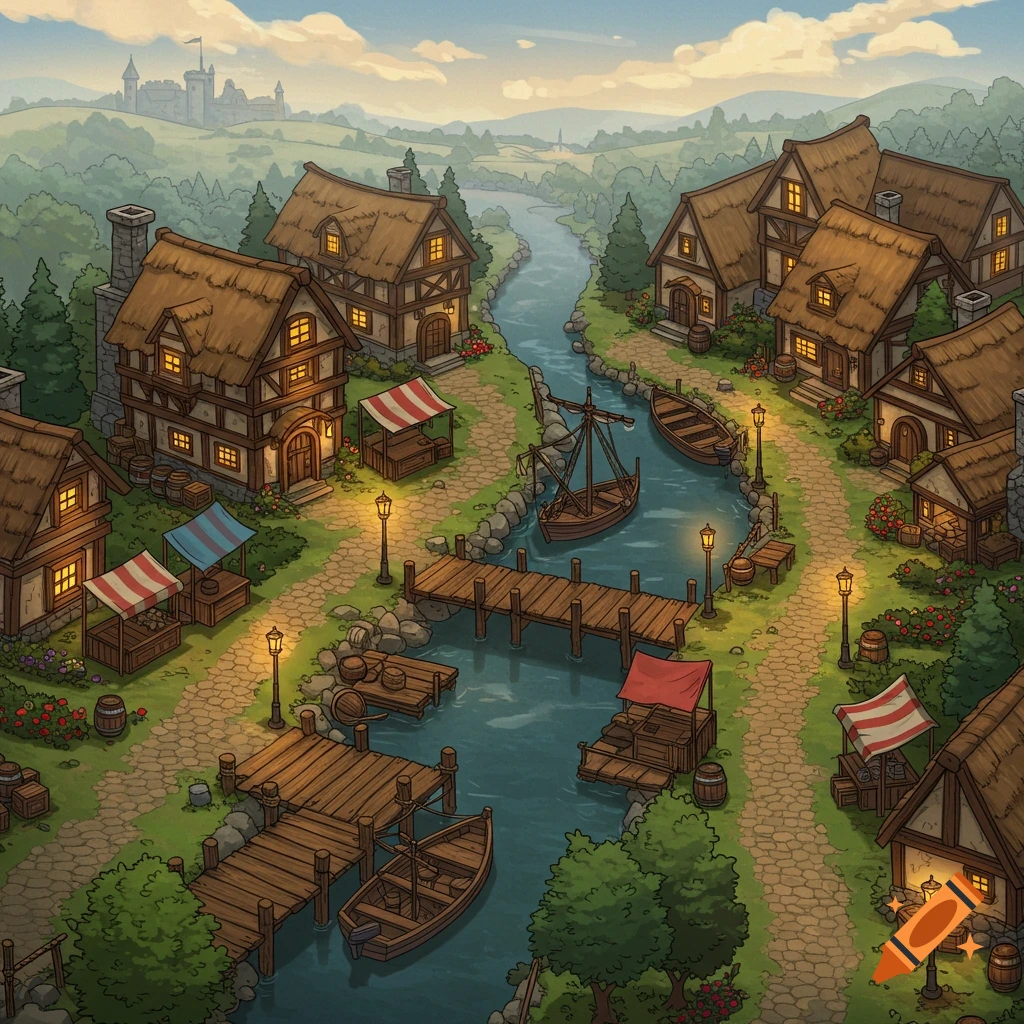 An isometric illustration of a medieval fishing village alongside a river, featuring thatched-roof houses, market stalls, and boats docked at wooden piers.