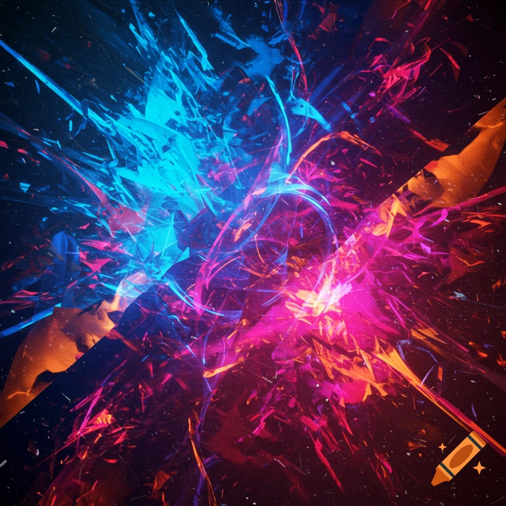 Vibrant abstract explosion of blue, pink, and orange light shards and energy against a dark background.