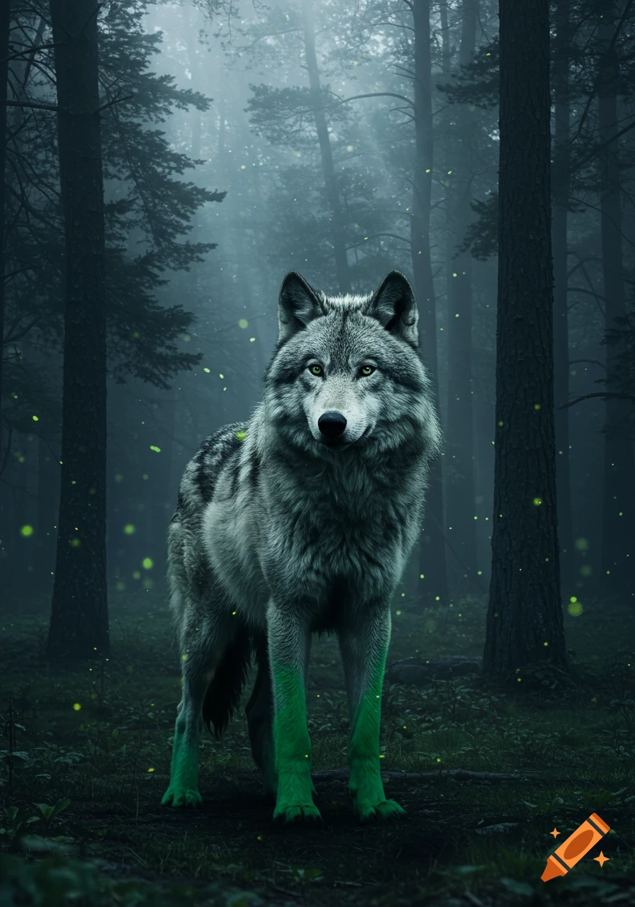 A grey wolf with piercing green eyes and green lower legs stands in a misty, dark forest with glowing green particles.