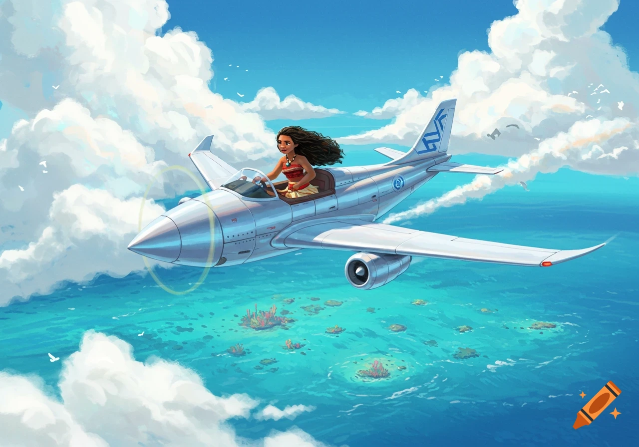 Moana flying a sleek, silver airplane high above a vibrant blue ocean with scattered islands and fluffy white clouds, in a cartoon style.