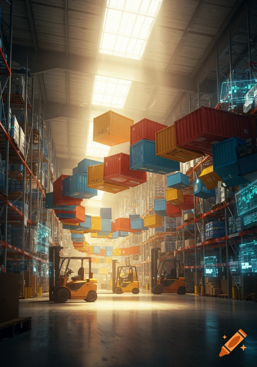 A brightly lit, futuristic warehouse with floating colorful shipping containers above forklifts and high shelves with digital displays.