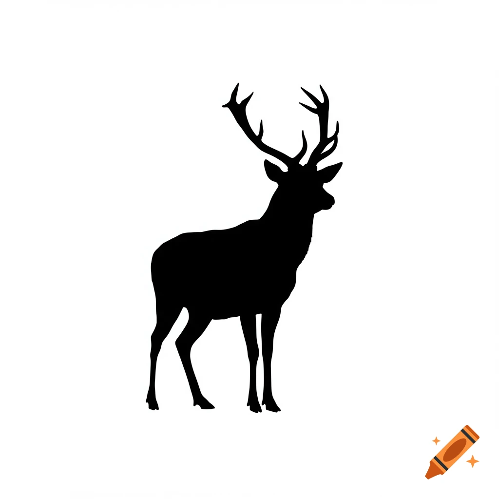 Black silhouette of a hart deer with antlers, standing sideways on a white background.