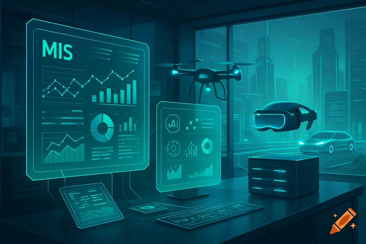 Futuristic desk with glowing teal holographic data screens, a drone, and a VR headset in a modern office overlooking a city.