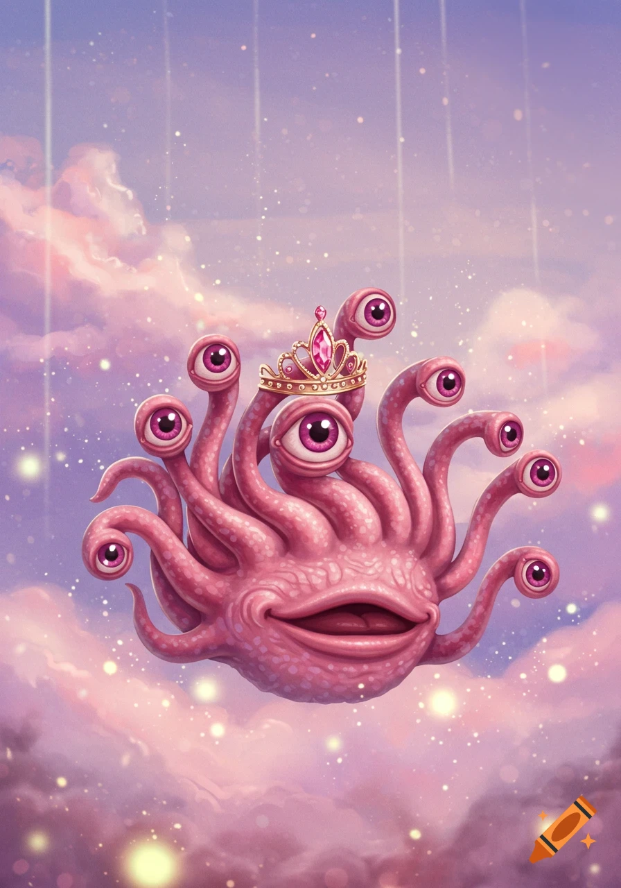 A cute pink, many-eyed creature wearing a gold and pink tiara floats amidst sparkling pink and purple clouds.