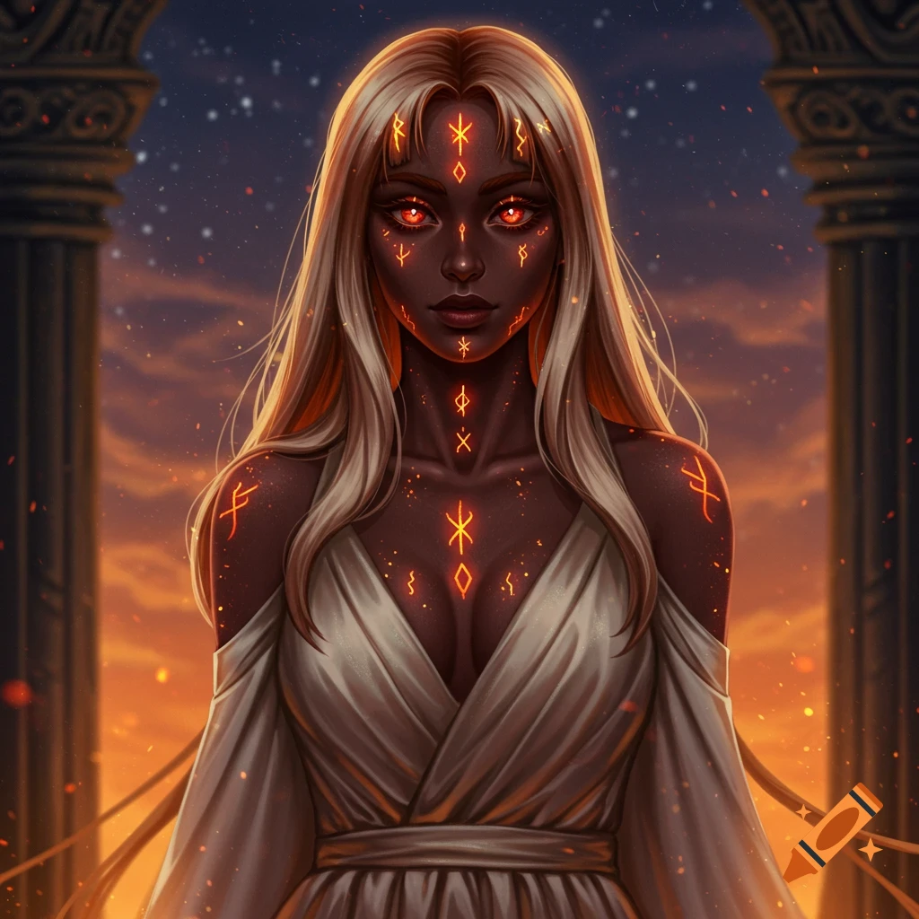 A fantasy portrait of a dark-skinned woman with long blonde hair, glowing orange eyes, and radiant runes, wearing a white gown under a fiery sky.