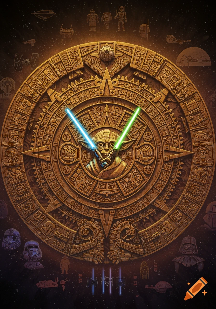 A golden Aztec calendar featuring Yoda with lightsabers, surrounded by Star Wars characters and ships, against a starry background.