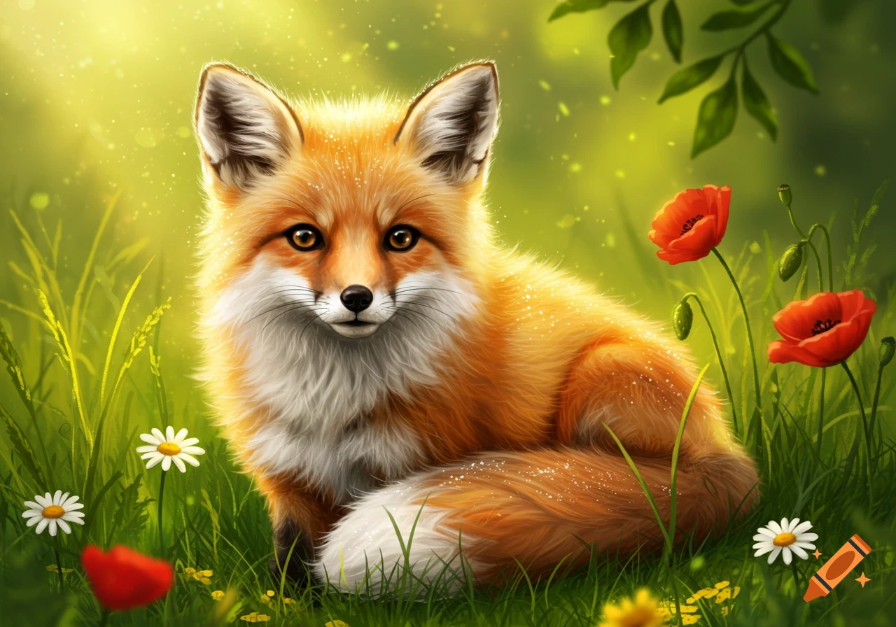 A fluffy orange fox with white markings sits in a sunny green field surrounded by red poppies and white daisies.