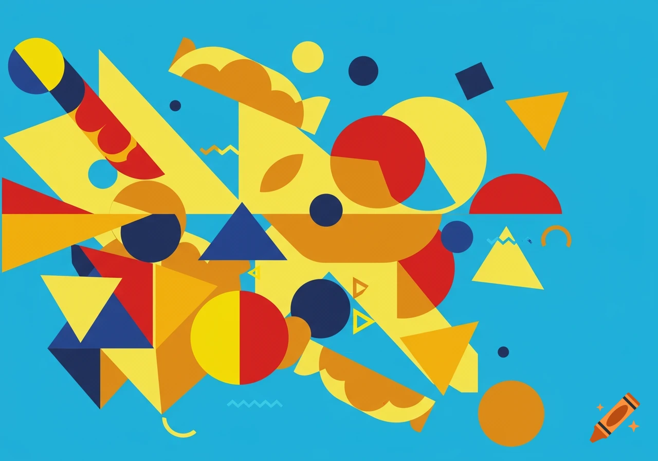 An abstract geometric composition featuring yellow, red, blue, and orange shapes on a bright blue background.