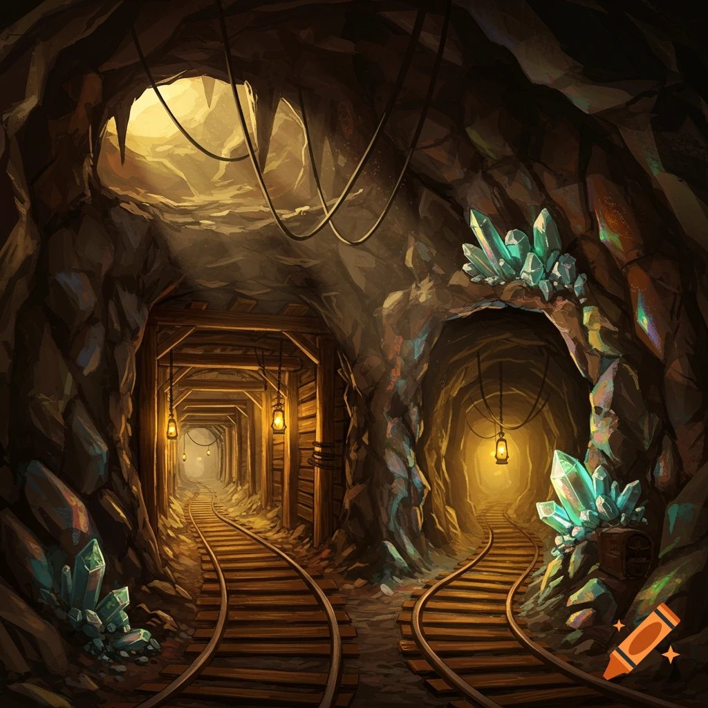 A split mine shaft with two railway tracks leading into illuminated tunnels, adorned with glowing crystals and hanging lanterns.