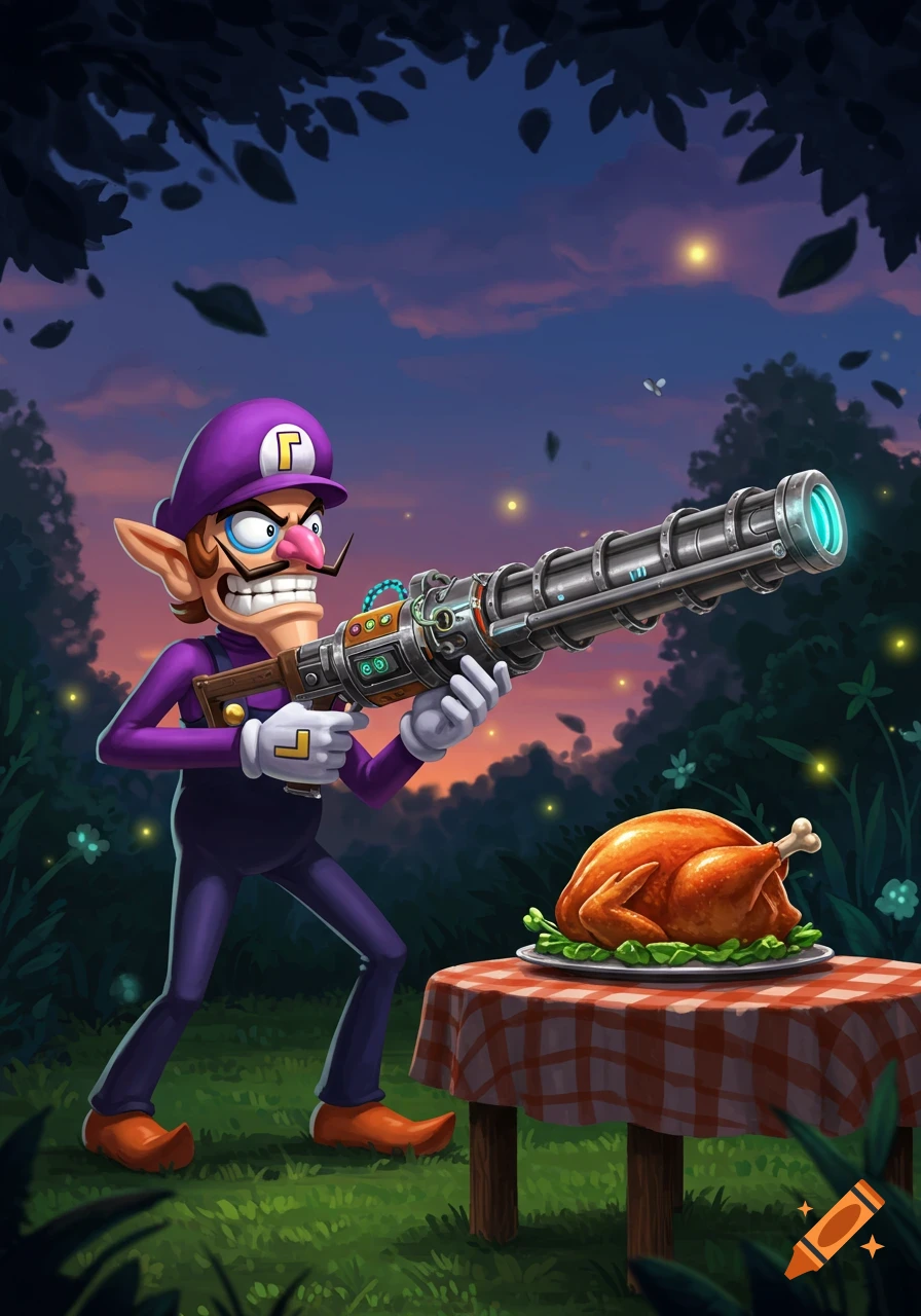 Waluigi, a cartoon character, aims a large futuristic railgun at a roasted chicken on a picnic table in a dark, whimsical forest scene.