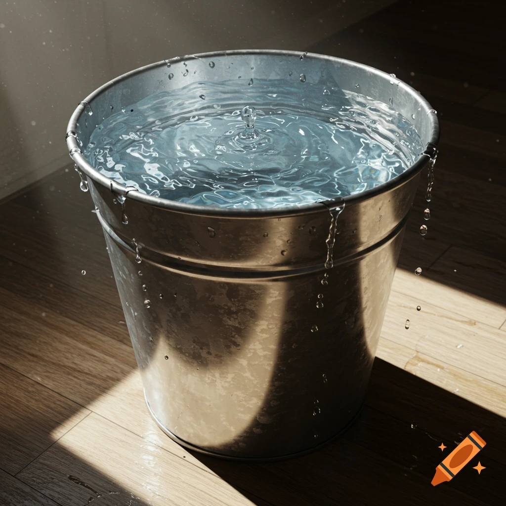 Photorealistic image of a full metal bucket overflowing with water, with droplets splashing onto a wooden floor under rays of light.