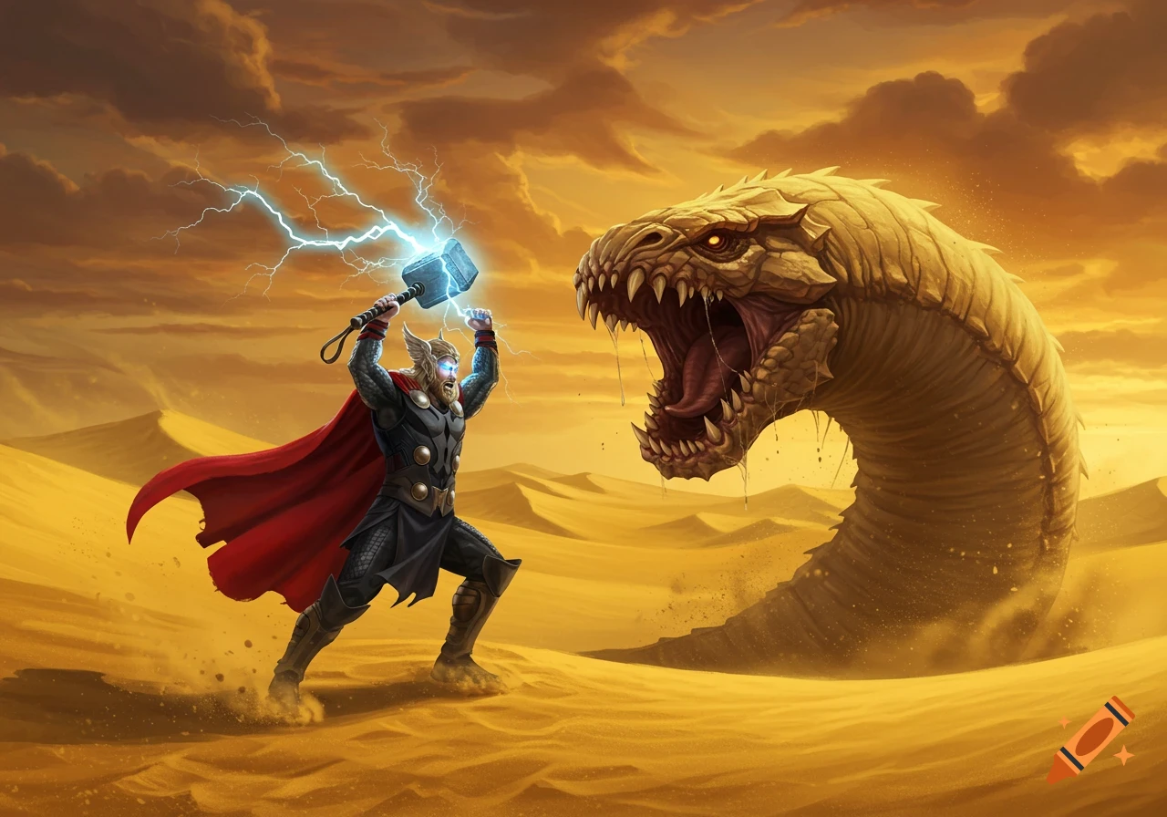 Thor, wielding Mjolnir and generating lightning, battles a giant, toothy sandworm in a vast, sandy desert under an orange sky.