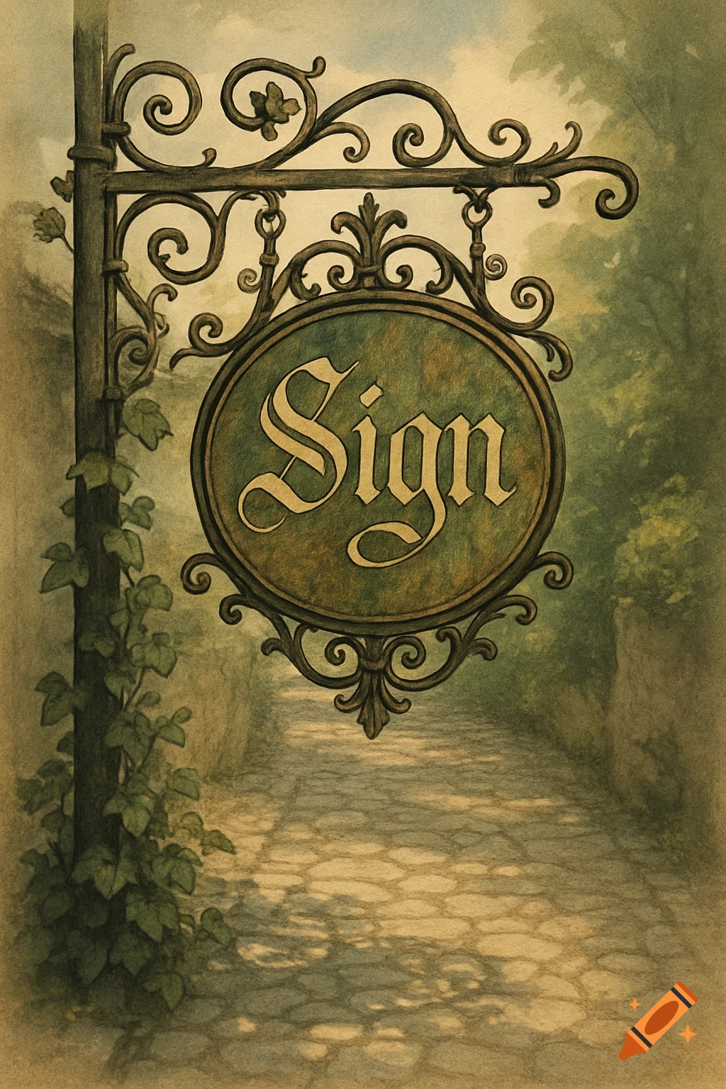 A vintage-style watercolor illustration of a decorative wrought iron sign with the word 'Sign' hanging over a cobblestone path.