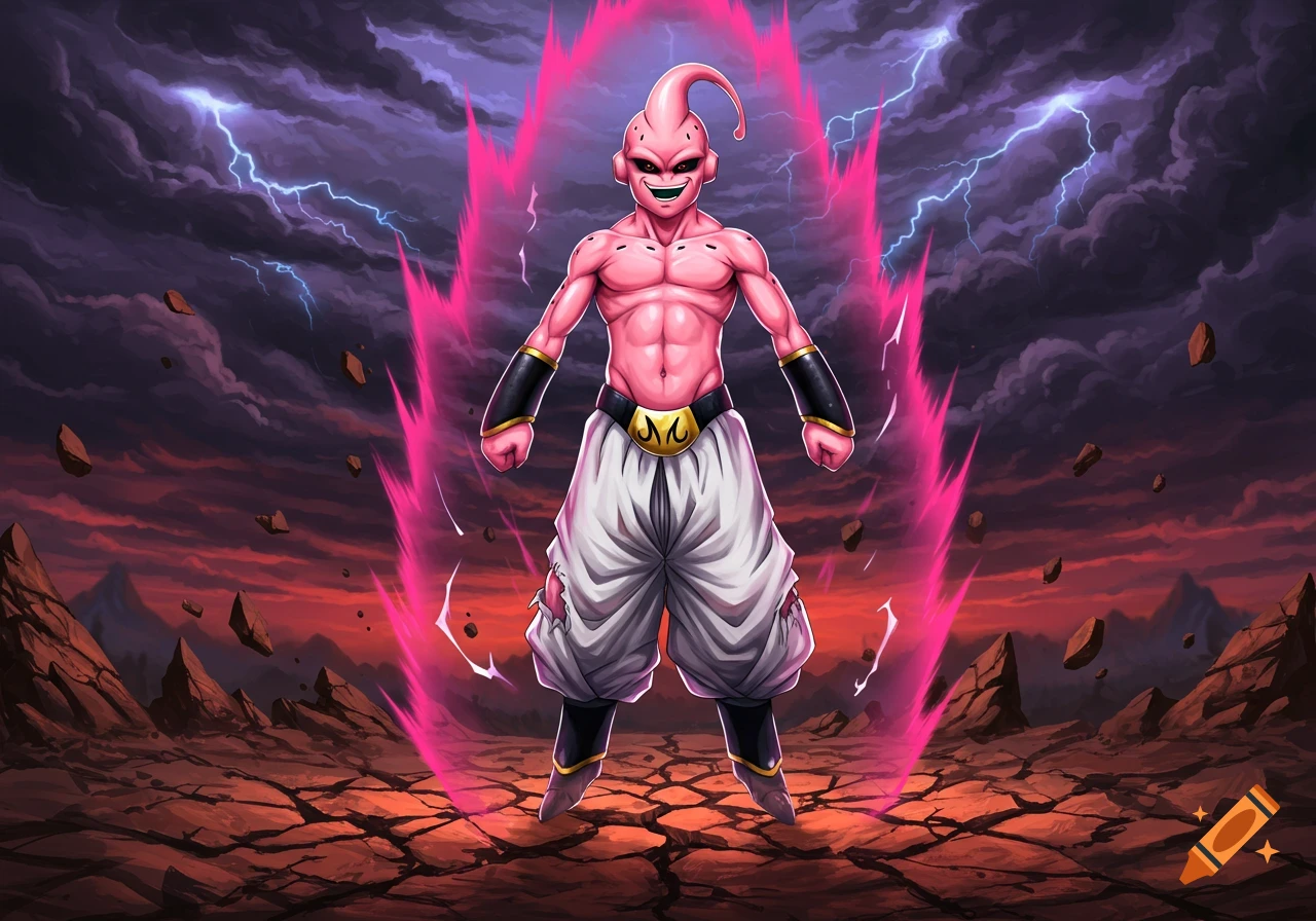 Kid Buu, a muscular pink anime character, powers up with a pink aura amidst a desolate landscape with stormy skies and lightning.