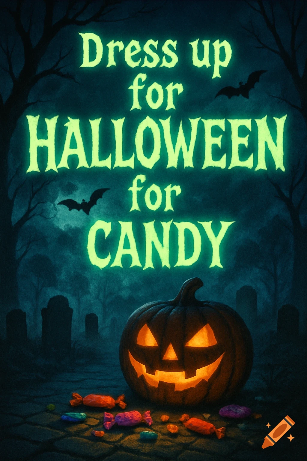 Spooky Halloween poster with glowing text 'Dress up for Halloween for CANDY', a smiling jack-o'-lantern, scattered candy, bats, and a dark graveyard.