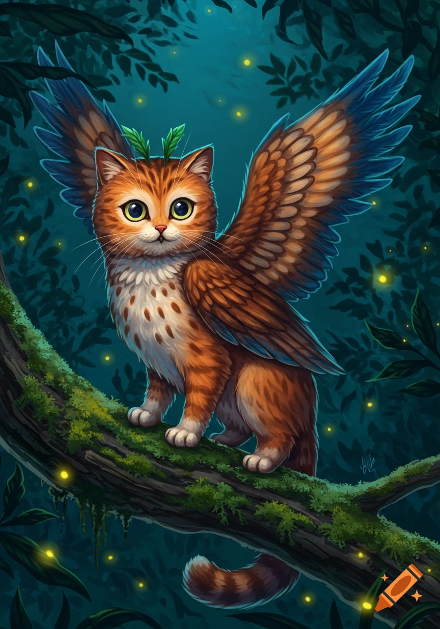 A cute, orange tabby cat with large brown and blue owl wings sits on a mossy branch in a dark, magical forest with glowing fireflies.