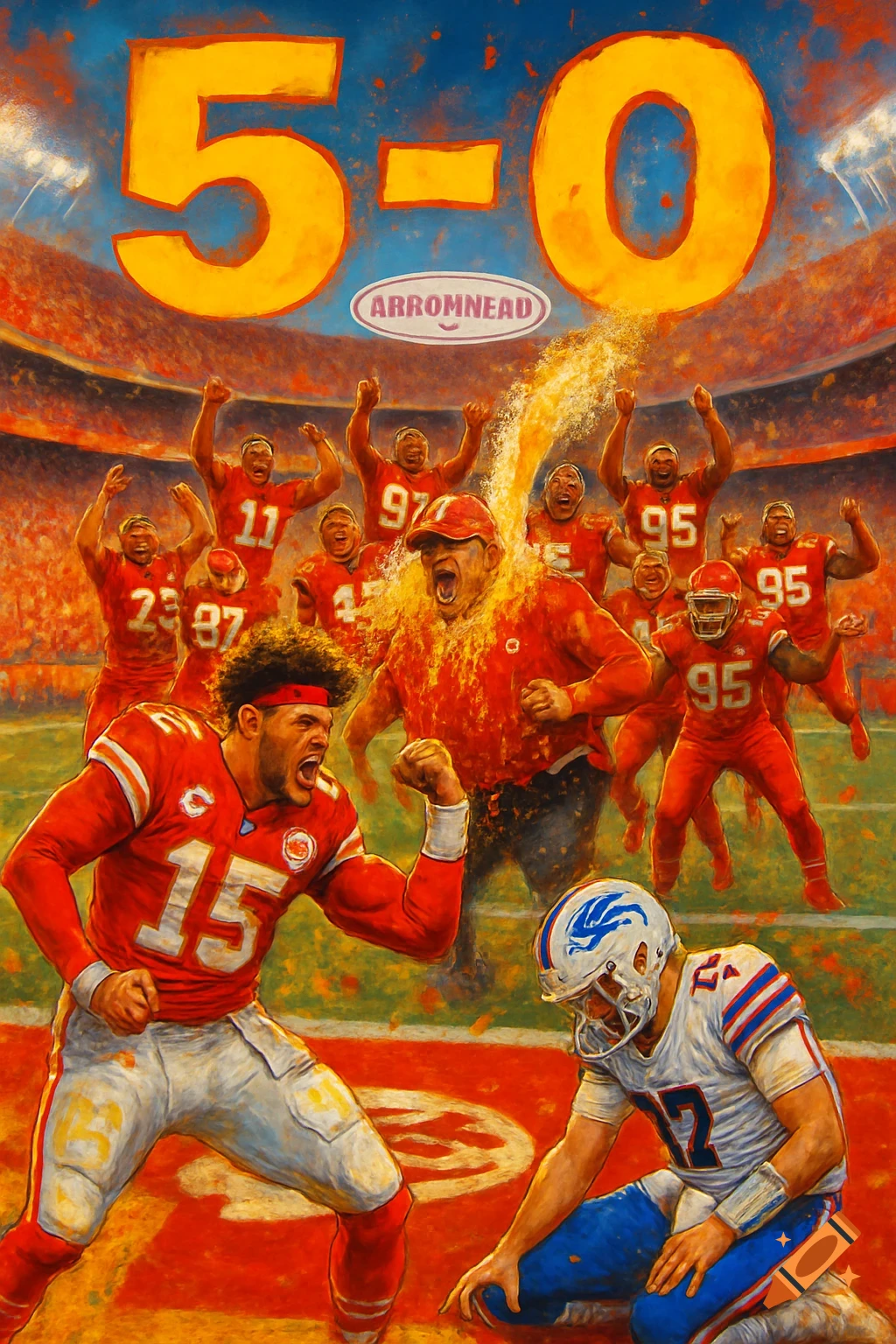 A stylized painting of an American football game with Kansas City Chiefs players celebrating. Patrick Mahomes flexes over a fallen Josh Allen, while Coach Andy Reid is doused with Gatorade. A large '5-0' is above, and a stadium sign reads 'ARROMNEAD'.
