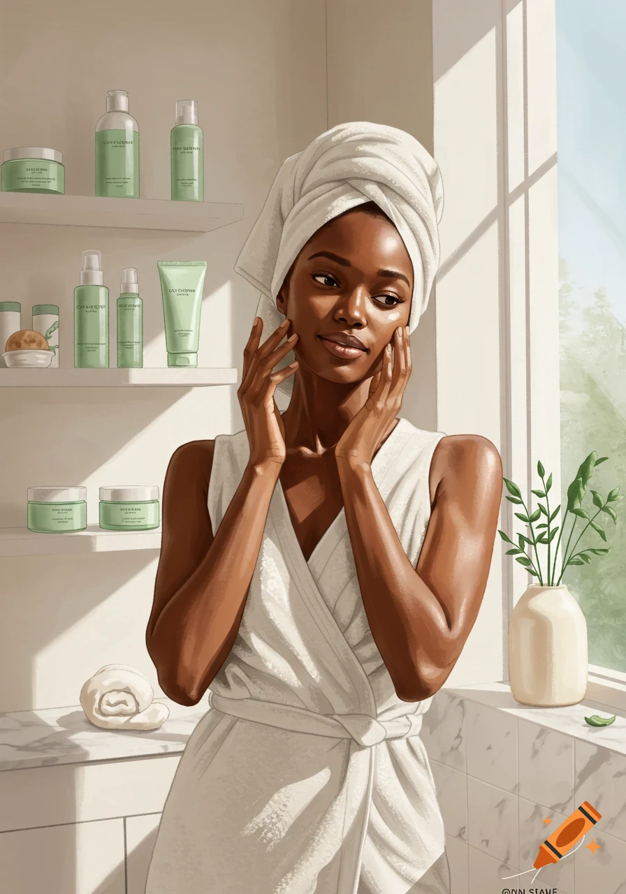 A woman with a towel on her head, wrapped in a white towel, applies product to her face in a bright bathroom with skincare bottles on shelves.