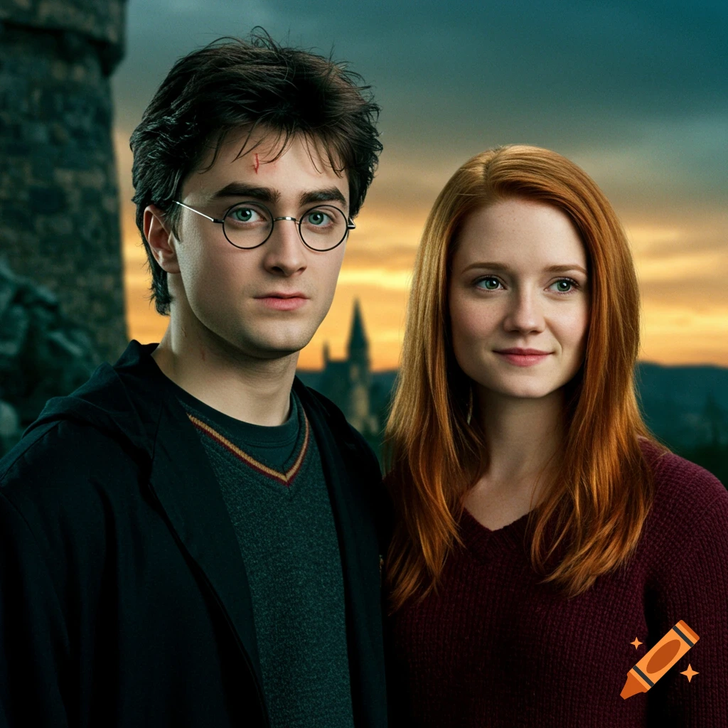 Photorealistic portrait of Harry Potter and Ginny Weasley standing together in front of a castle at sunset.