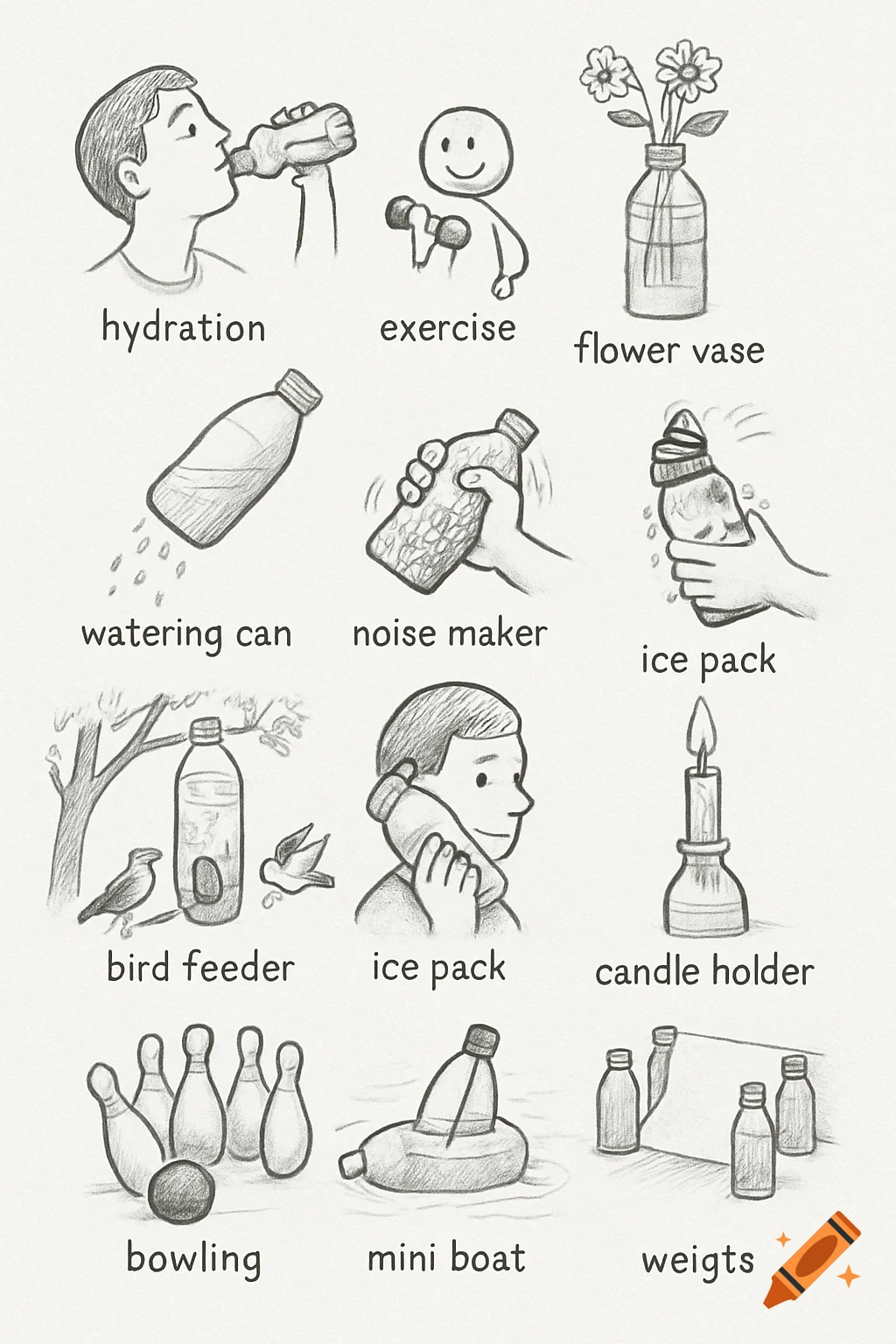 A sketch sheet showing 12 different uses for a plastic bottle, including hydration, exercise, a flower vase, a watering can, a bird feeder, an ice pack, a candle holder, bowling pins, a mini boat, and weights.