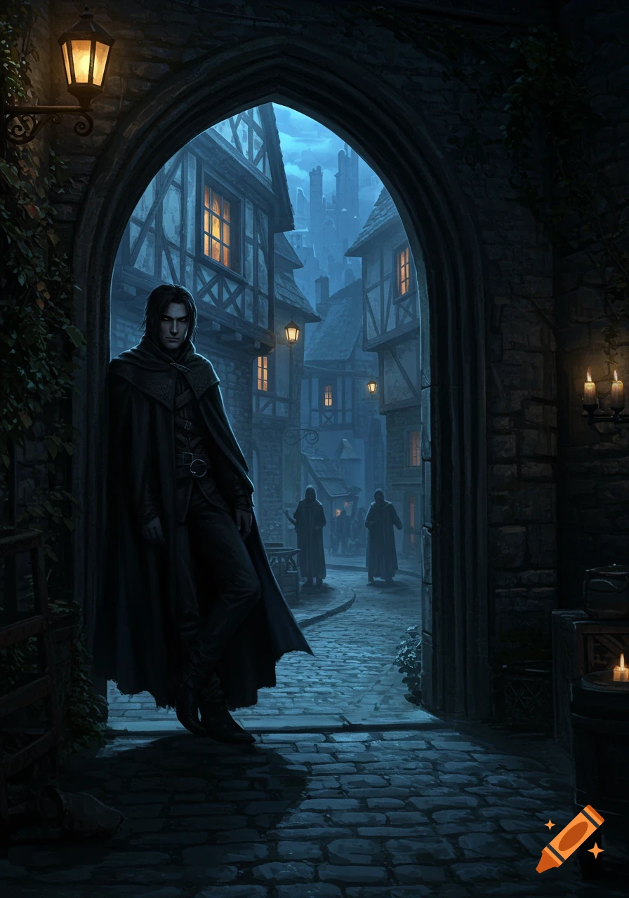A tall man in a dark cloak leans in a gothic archway on a medieval street at night, with lighted windows and distant figures. Digital art.