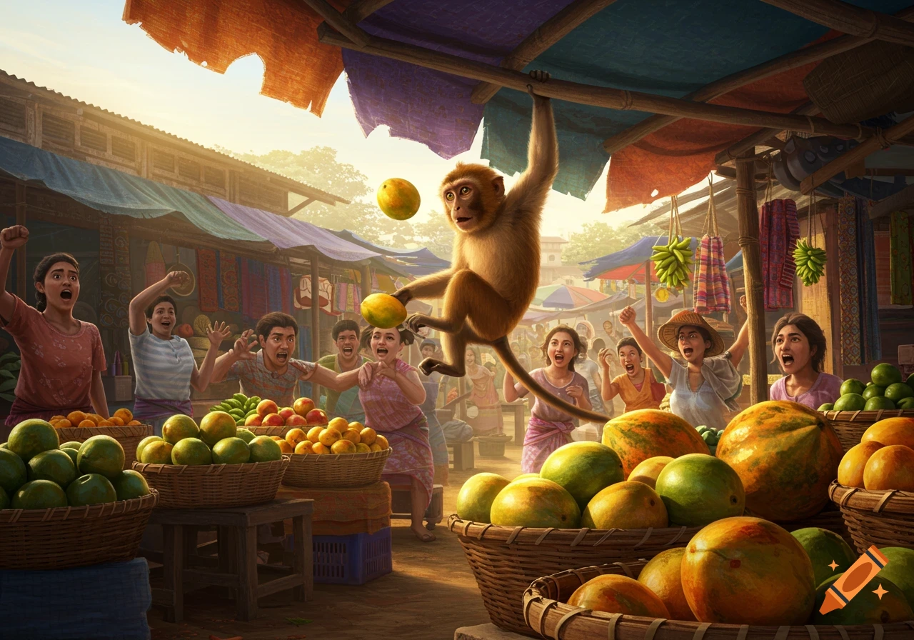 A mischievous monkey hangs from a market stall beam, juggling stolen mangoes, while surprised and angry people react in a colorful marketplace. Digital art.