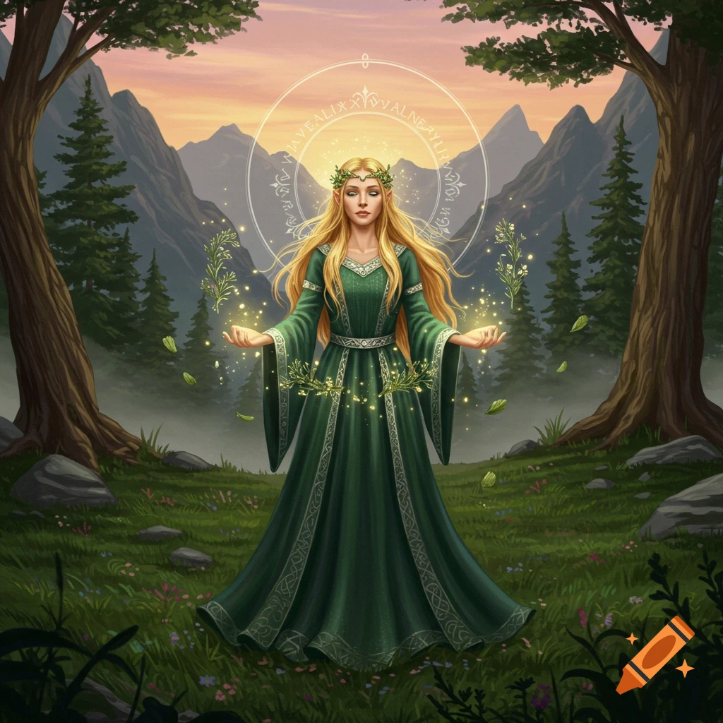 A blonde elf-like woman in a green gown stands in a magical forest, with glowing plants and mystical symbols.