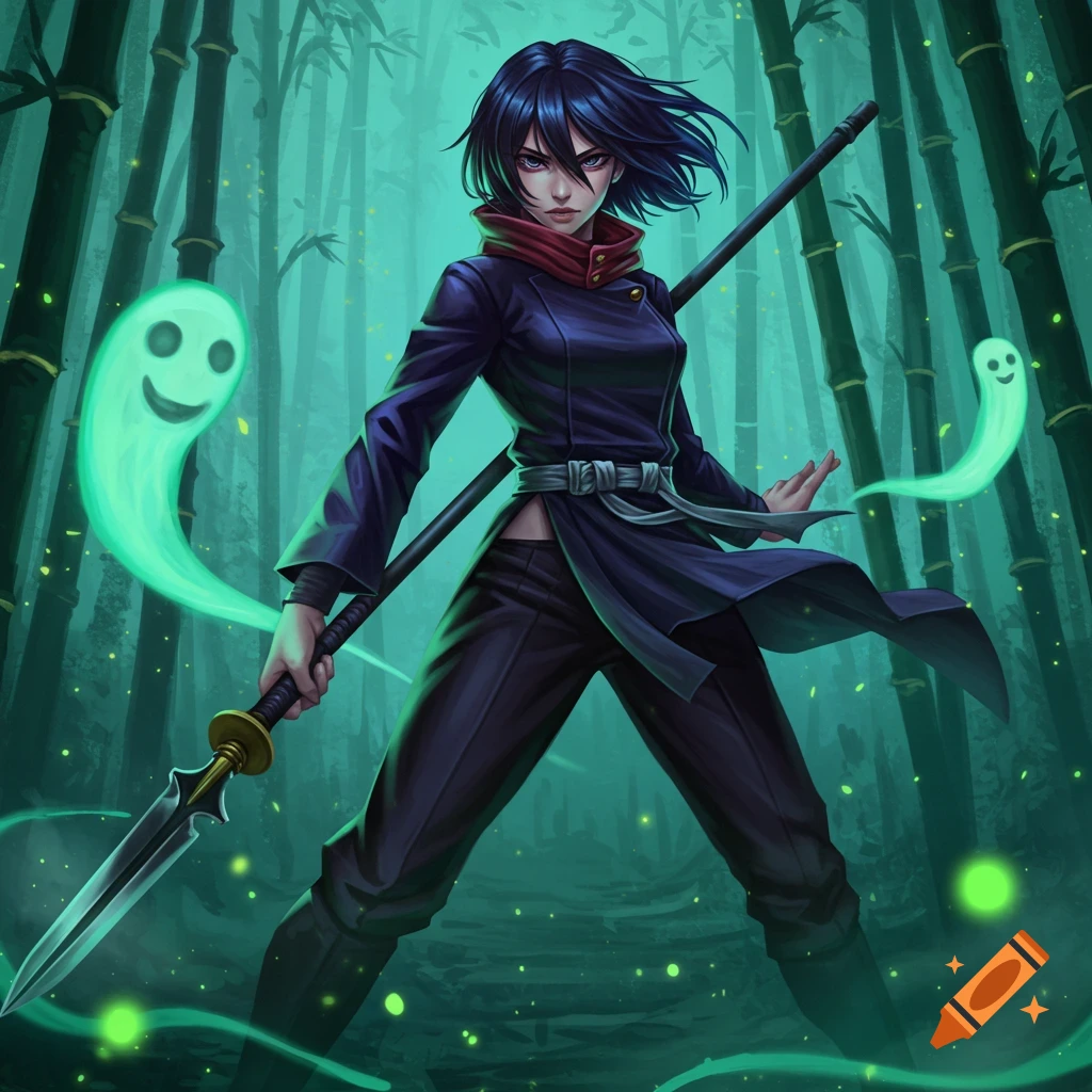 Anime character Maki Zenin with a spear and glowing spirits in a dark bamboo forest.