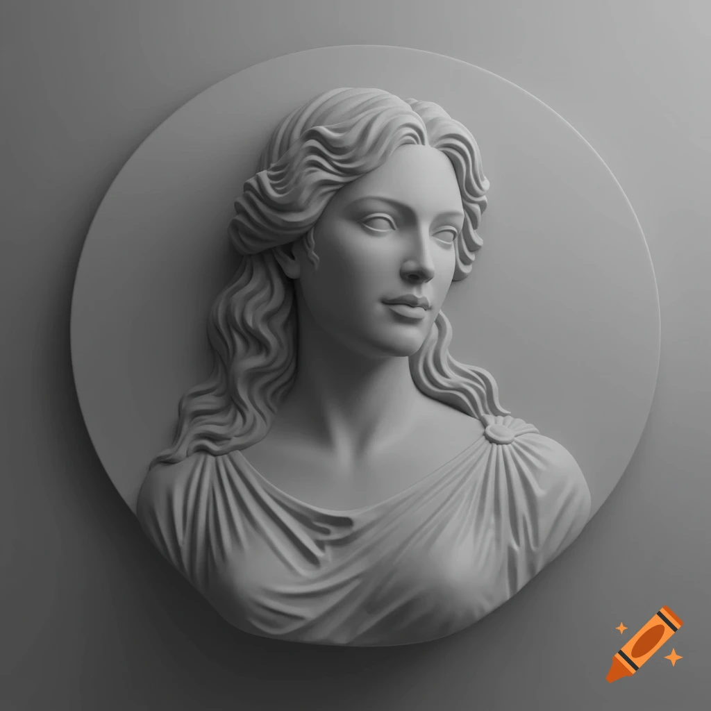 Grayscale relief sculpture of a woman's bust, featuring flowing hair and draped clothing, mounted on a circular background.