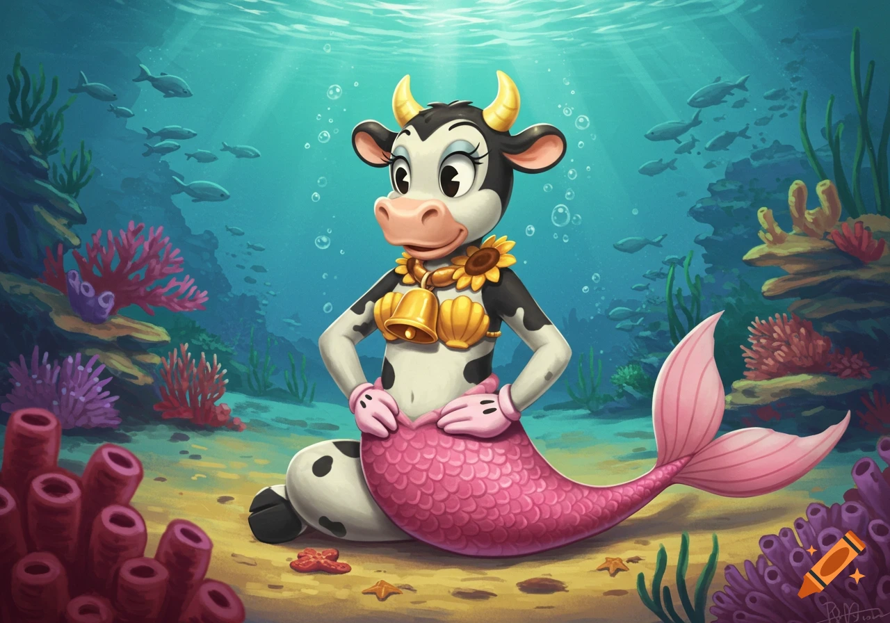 A cartoon cow with a pink mermaid tail and seashell bra sits on the ocean floor surrounded by coral and fish.