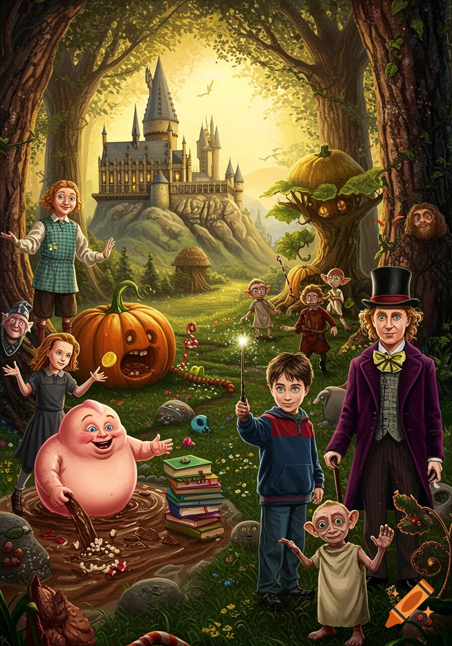 Colorful illustration of Harry Potter, Dobby, Willy Wonka, and other book characters in a magical forest with a castle.