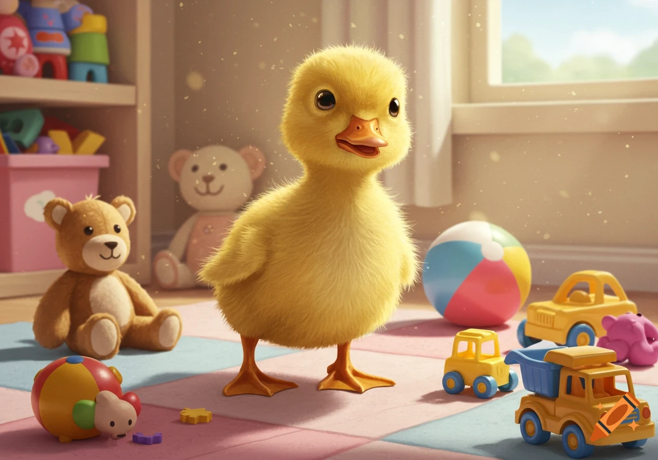 A fluffy yellow duckling stands in a sunlit playroom surrounded by colorful toys like teddy bears, a beach ball, and toy cars, in a charming cartoon style.
