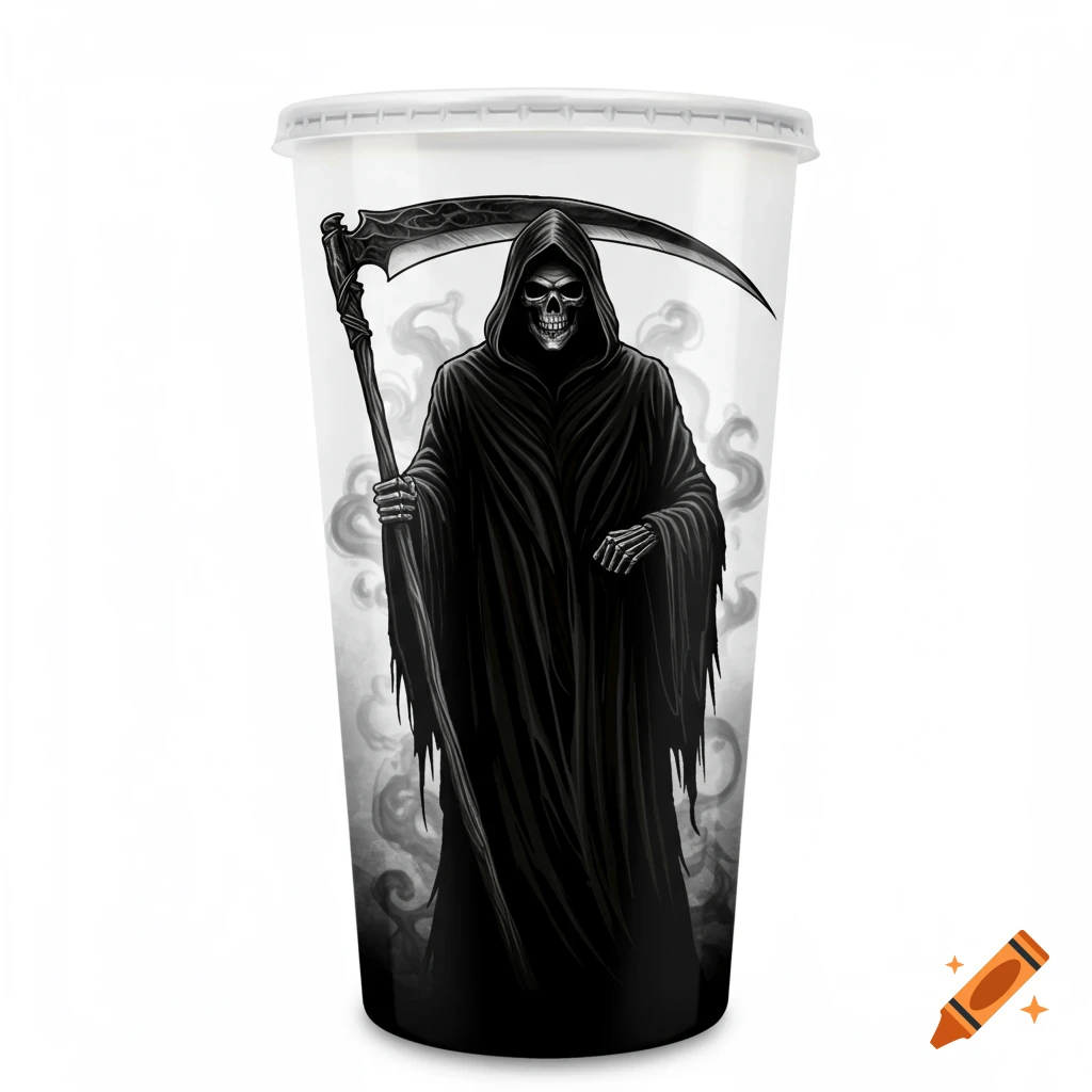 A clear plastic cup featuring a black and white illustration of a grim reaper holding a scythe, surrounded by smoky clouds.