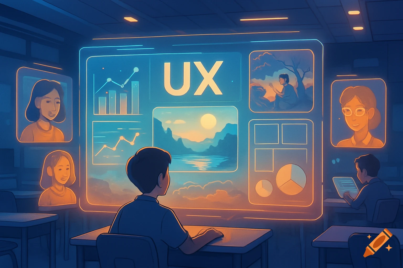 Cartoon boy in a classroom looking at a large glowing screen displaying UX, graphs, landscapes, and user profiles.